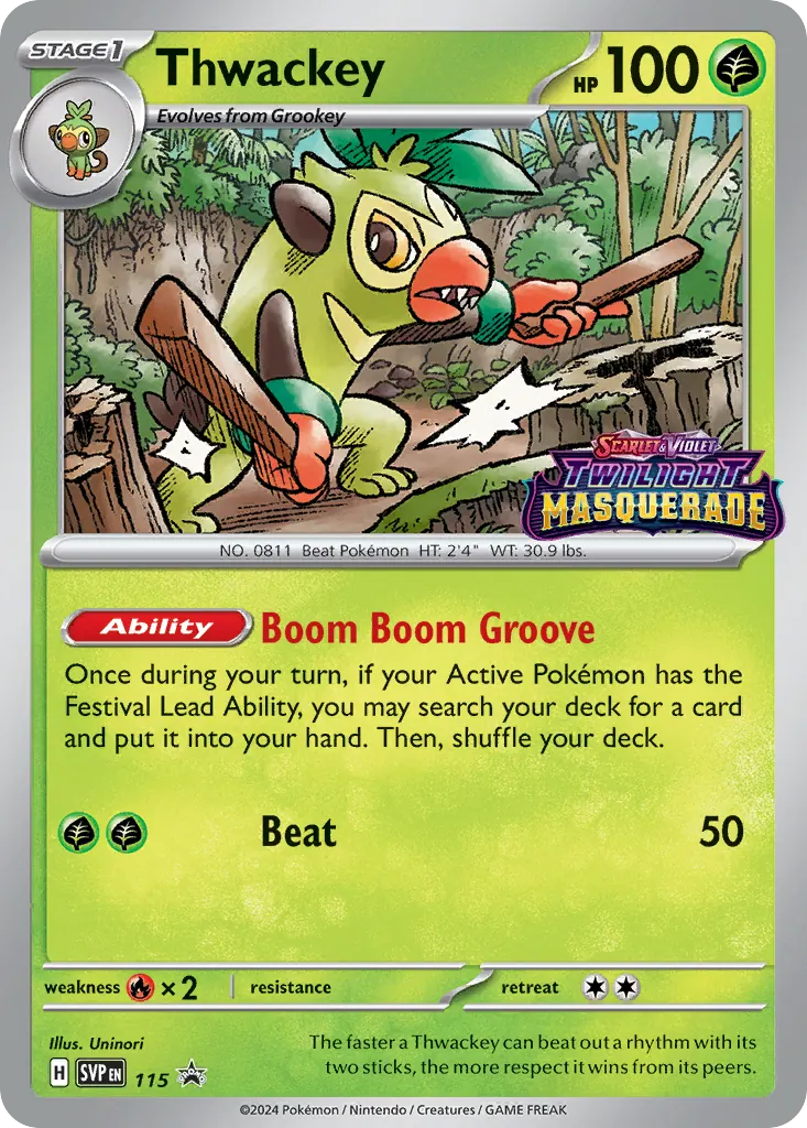 Thwackey, Scarlet and Violet Black Star Promo 115, the Twilight Masquerade prerelease promo