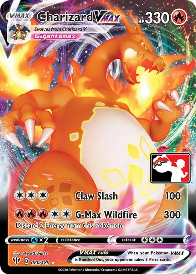Charizard VMAX Play Pokemon Prize Pack Series One 020/189, the Darkness Ablaze printing with the Play Pokemon stamp