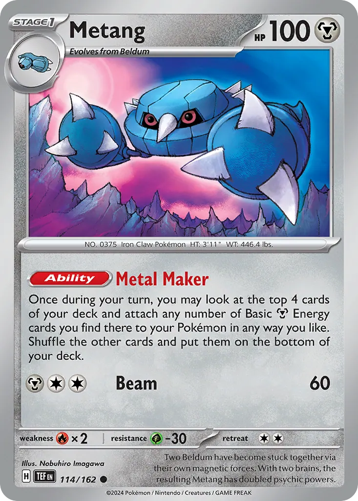 Metang from Temporal Forces, a Stage 1 common with the Metal Maker ability, illustrated by Nobuhiro Imagawa